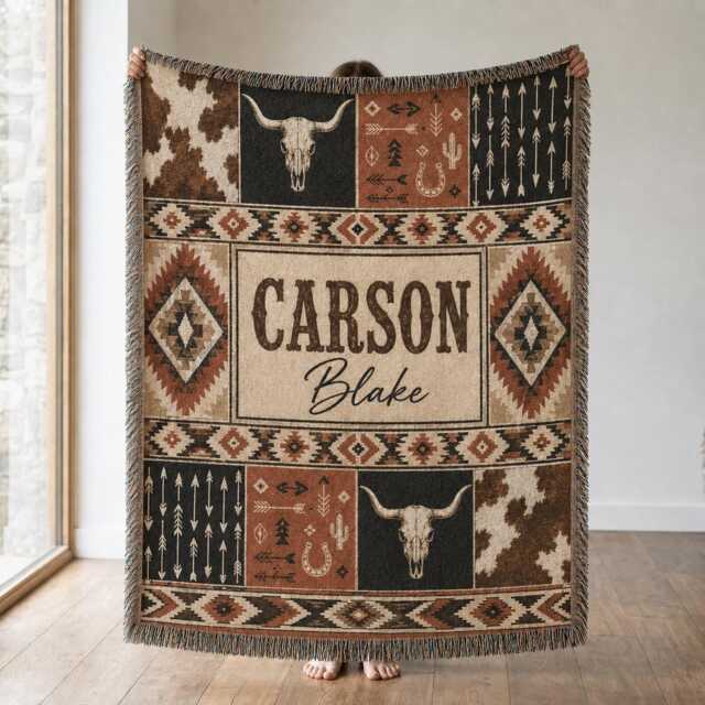 Custom Name Western Woven Blanket, Cowboy Baby Rustic Ranch Nursery Decor, Gift - image 1
