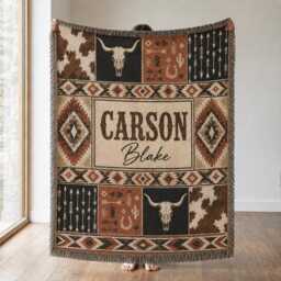 Custom Name Western Woven Blanket, Cowboy Baby Rustic Ranch Nursery Decor, Gift - thumbnail 1