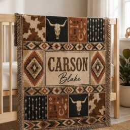 Custom Name Western Woven Blanket, Cowboy Baby Rustic Ranch Nursery Decor, Gift - thumbnail 3