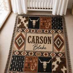 Custom Name Western Woven Blanket, Cowboy Baby Rustic Ranch Nursery Decor, Gift - thumbnail 2