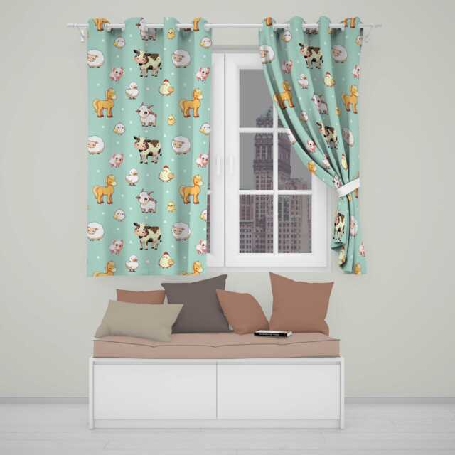 Cute Farm Animals Mint Background Seamless Pattern Readymade Eyelet Ring Top Thermal 100% Blackout Curtains - image 1