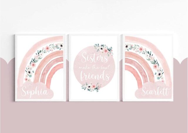 Sisters Make The Best Friends, Girls Bedroom, Prints, Baby Girl, Floral Nursery, Nursery Prints, Sister Prints Pink Decor, Rainbow - image 1