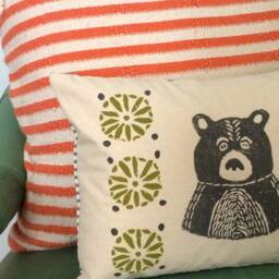 Mid-Century Bear Print Pillow Grey Bear, Citrine Green Geometric Design - thumbnail 3