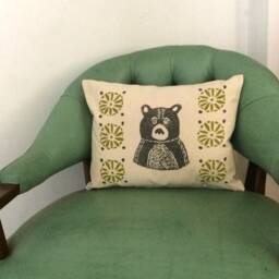 Mid-Century Bear Print Pillow Grey Bear, Citrine Green Geometric Design - thumbnail 2