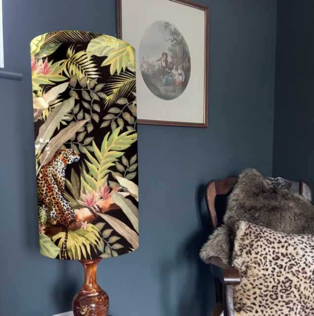 Leopard Palm Trees Velvet Cylinder Lampshade, Extra Tall Tropical Jungle Velvet - image 1