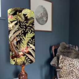Leopard Palm Trees Velvet Cylinder Lampshade, Extra Tall Tropical Jungle Velvet - thumbnail 1