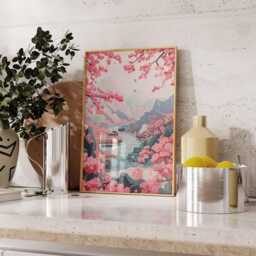 Cherry Blossom River Poster, Japanese Landscape Wall Art, Tranquil Sakura Valley Print - thumbnail 3