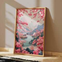 Cherry Blossom River Poster, Japanese Landscape Wall Art, Tranquil Sakura Valley Print - thumbnail 2