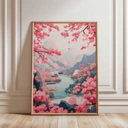 Cherry Blossom River Poster, Japanese Landscape Wall Art, Tranquil Sakura Valley Print - thumbnail 1