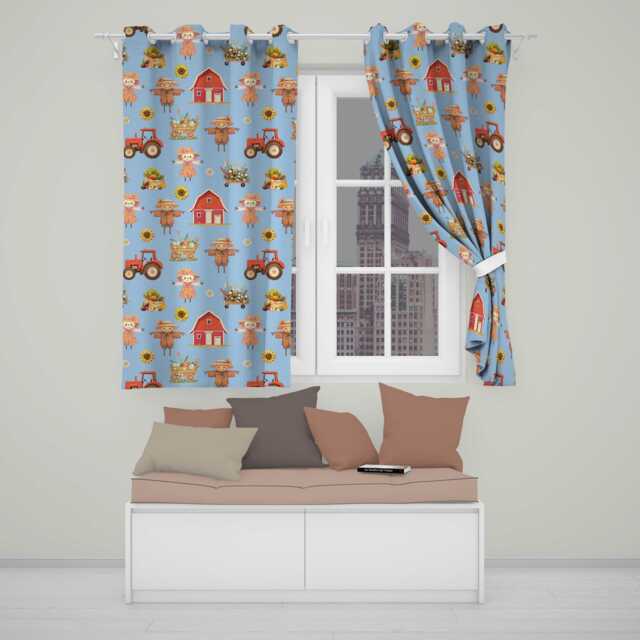Cute Autumn Farm Barn Scarecrow Sunflower Floral Sky Seamless Pattern Readymade Eyelet Ring Top Thermal 100% Blackout Curtains - image 1