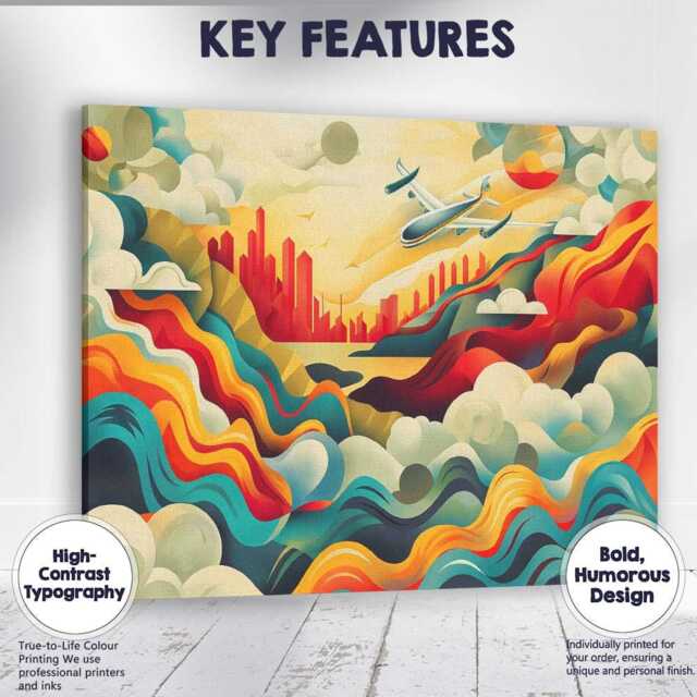 Modern Abstract City Skyline Airplane Landscape Illustration Canvas Wall Art Print Decor Picture Ready To Hang - image 1