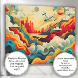 Modern Abstract City Skyline Airplane Landscape Illustration Canvas Wall Art Print Decor Picture Ready To Hang - thumbnail 3
