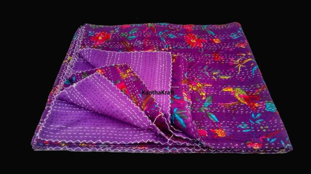 Unique Purple Handmade Kantha Quilt Indian Cotton Blanket Hand Stitched Bedspread Bohemian Floral Print Bedding Throw Bedcover - image 1