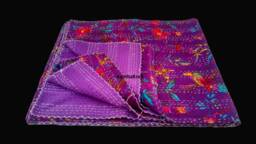 Unique Purple Handmade Kantha Quilt Indian Cotton Blanket Hand Stitched Bedspread Bohemian Floral Print Bedding Throw Bedcover - thumbnail 1