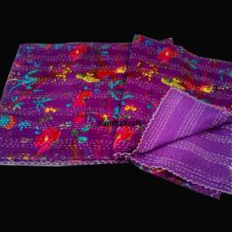 Unique Purple Handmade Kantha Quilt Indian Cotton Blanket Hand Stitched Bedspread Bohemian Floral Print Bedding Throw Bedcover - thumbnail 2