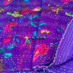 Unique Purple Handmade Kantha Quilt Indian Cotton Blanket Hand Stitched Bedspread Bohemian Floral Print Bedding Throw Bedcover - thumbnail 3