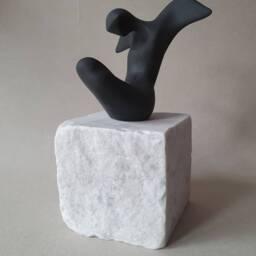 Black Porcelain Angel Figurine, Minimalist Sculpture On Marble Pedestal - thumbnail 2