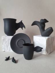 Black Porcelain Angel Figurine, Minimalist Sculpture On Marble Pedestal