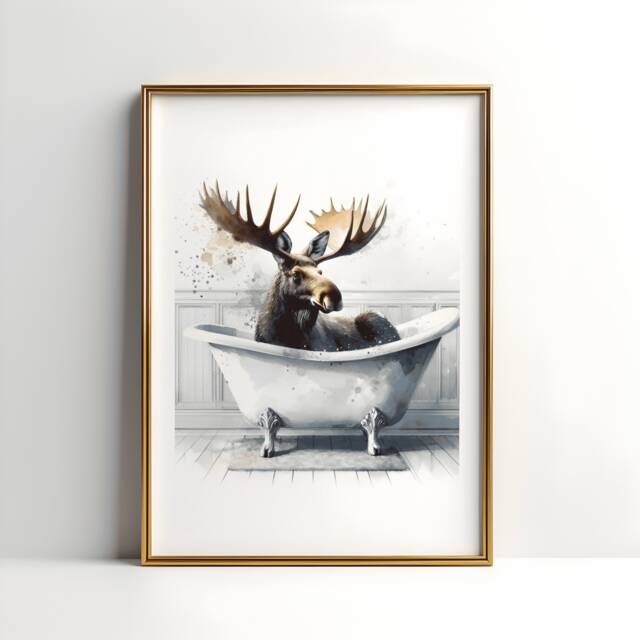 Moose Bathroom Decor - Animal Bathtub Poster - Bath Room Wall Art Vintage Print Kids Animals - image 1