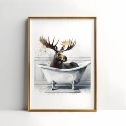 Moose Bathroom Decor - Animal Bathtub Poster - Bath Room Wall Art Vintage Print Kids Animals - thumbnail 1