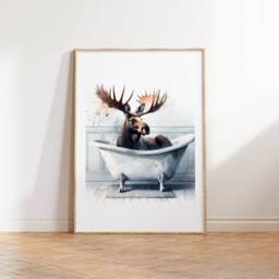 Moose Bathroom Decor - Animal Bathtub Poster - Bath Room Wall Art Vintage Print Kids Animals - thumbnail 2
