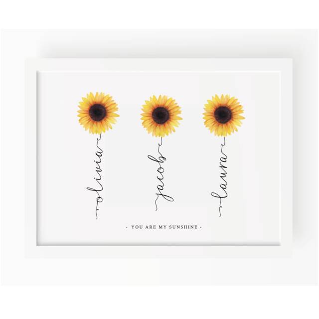 Sunflower Family Name Wall Art Watercolour Flower Print Fine Gift For Mothers Day Birthday Mum Dad Friend Baby Christening Nan Wedding - image 1