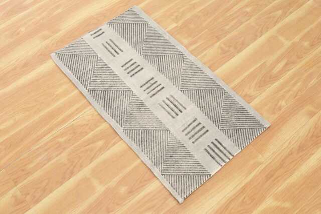 Handmade Block Printed Cotton Rug - Gray Beige Dhurrie, Hallway Runner - image 1