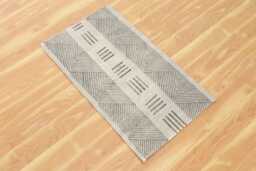 Handmade Block Printed Cotton Rug - Gray Beige Dhurrie, Hallway Runner - thumbnail 1