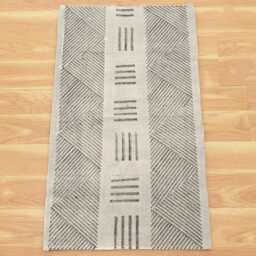 Handmade Block Printed Cotton Rug - Gray Beige Dhurrie, Hallway Runner - thumbnail 3
