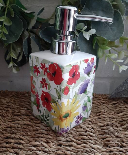 Beautiful Decoupaged Floral Ceramic Soap Dispenser.two Shapes. Available With Or Without Stone Stand - image 1