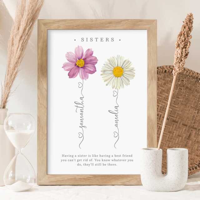 Personalised Birth Flower Sister Print - Floral Quote Wall Art Framed Or Unframed - image 1