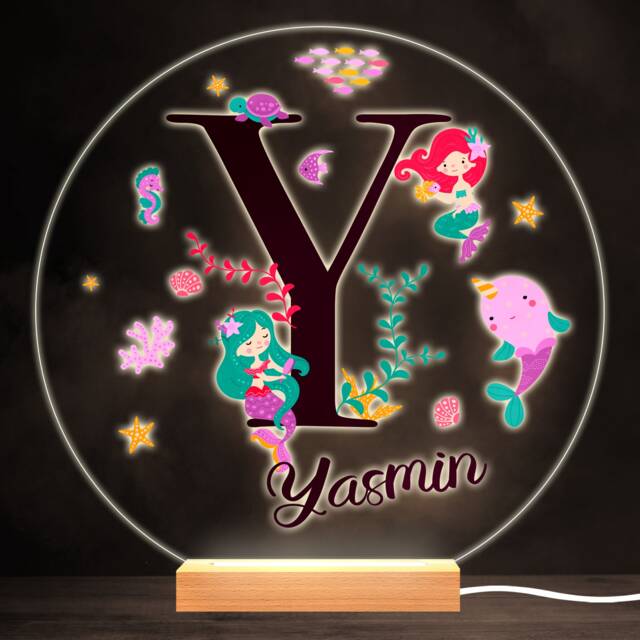 Sealife With Mermaids Alphabet Letter Y Round Personalised Gift Lamp Night Light - Bedroom - image 1