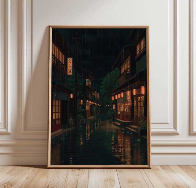 Rainy Night in Japanese Alley Poster, Street Lanterns & Reflections, Urban Cityscape Art Print, Wall - image 1