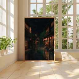 Rainy Night in Japanese Alley Poster, Street Lanterns & Reflections, Urban Cityscape Art Print, Wall - thumbnail 3