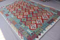 7x10 Ft Afghan Flatweave Kilim Rug, Handmade Wool Turkmen Tribal Turquoise Green Red Geometric Bedroom Living Room Rug - thumbnail 1
