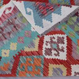 7x10 Ft Afghan Flatweave Kilim Rug, Handmade Wool Turkmen Tribal Turquoise Green Red Geometric Bedroom Living Room Rug - thumbnail 4