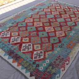 7x10 Ft Afghan Flatweave Kilim Rug, Handmade Wool Turkmen Tribal Turquoise Green Red Geometric Bedroom Living Room Rug - thumbnail 3