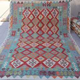 7x10 Ft Afghan Flatweave Kilim Rug, Handmade Wool Turkmen Tribal Turquoise Green Red Geometric Bedroom Living Room Rug - thumbnail 2