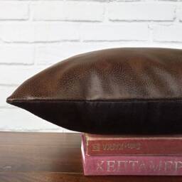 Terracotta Faux Leather Pillow Cover Brown Linen Back - thumbnail 2