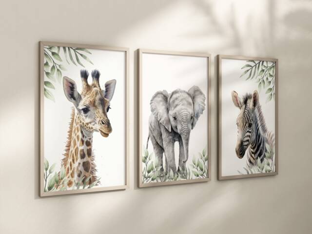 Safari Elephant Giraffe Zebra Animal Baby Girls Boys A4 Or A3 Nursery Set Of Unframed Prints Unisex Neutral Boho Beige Jungle - image 1