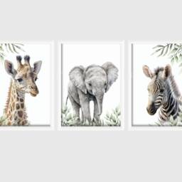 Safari Elephant Giraffe Zebra Animal Baby Girls Boys A4 Or A3 Nursery Set Of Unframed Prints Unisex Neutral Boho Beige Jungle - thumbnail 2