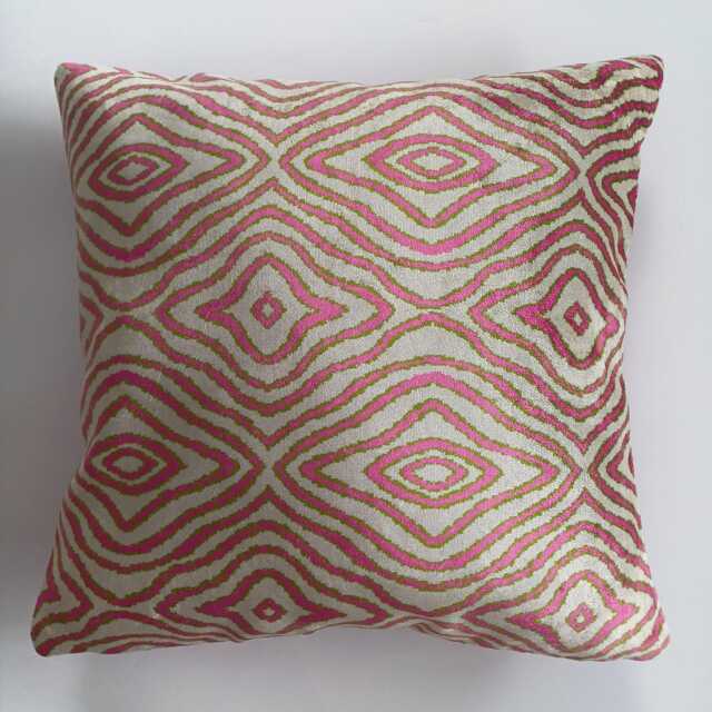 Silk Velvet Cushion Cover, Pink Ikat Pillow, Turkish Jacquard Cushion, Decorative Pillowcase 16''x16''/40x40 cm - image 1