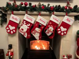 Personalised Christmas Stocking - Red Holiday Decor, Matching Family Stockings, Santa Stocking, Snowman, Reindeer - thumbnail 1