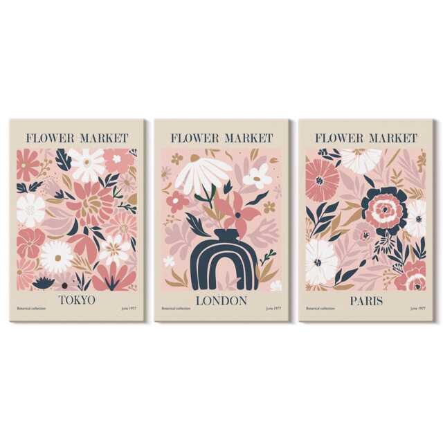 Set Of 3 Canvas Prints - Floral Motifs in Tokyo, London & Paris, Pink Print On Canvas, Plants Flowers Wall Decor - image 1