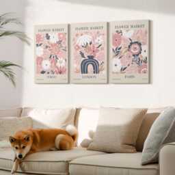 Set Of 3 Canvas Prints - Floral Motifs in Tokyo, London & Paris, Pink Print On Canvas, Plants Flowers Wall Decor - thumbnail 3