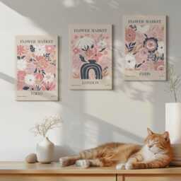 Set Of 3 Canvas Prints - Floral Motifs in Tokyo, London & Paris, Pink Print On Canvas, Plants Flowers Wall Decor - thumbnail 2