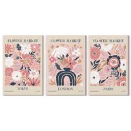 Set Of 3 Canvas Prints - Floral Motifs in Tokyo, London & Paris, Pink Print On Canvas, Plants Flowers Wall Decor - thumbnail 1