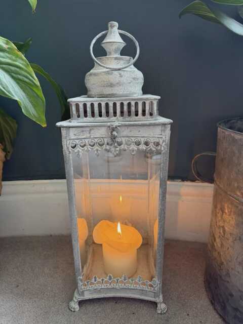Ornate Curved Glass Grey Metal Victorian Style Candle Holder Lantern - image 1