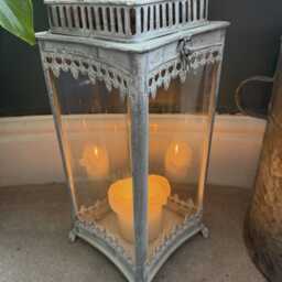 Ornate Curved Glass Grey Metal Victorian Style Candle Holder Lantern - thumbnail 2