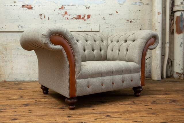 Handmade Large 1.5 Seater Wheat Herringbone Wool & Vintage Tan Leather Chesterfield Snuggle Armchair - image 1